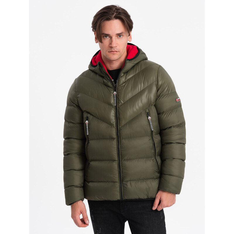 Ombre Clothing Pánska prešívaná zimná bunda z kombinovaných materiálov - tmavo olivovo zelená V3 OM-JAHP-0145