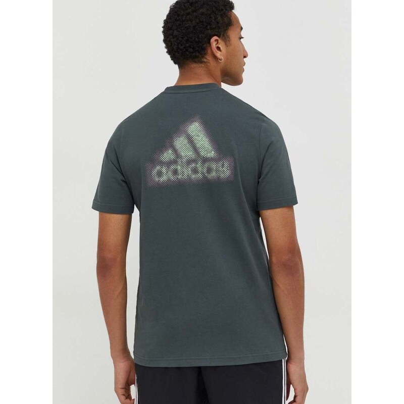 Bavlnené tričko adidas pánske, zelená farba, s potlačou, IN6227