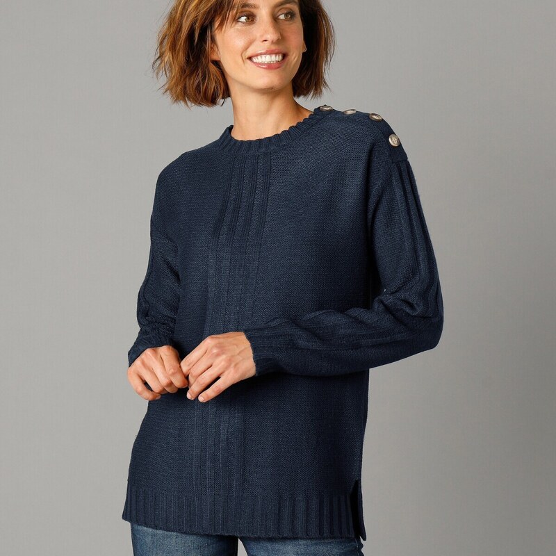 Pulóver so zapínaním na pleci, z úpletu s plastickým vzorom námornícka 48073606