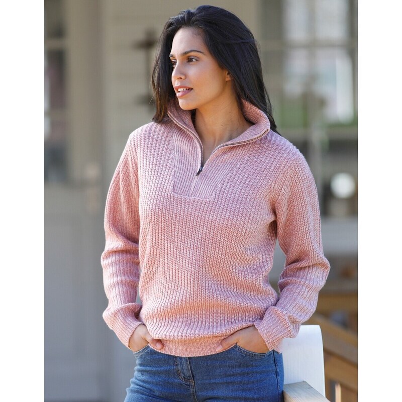 Pulóver so zipsovým stojačikom, anglický hladký vzor melír ružové 48074327