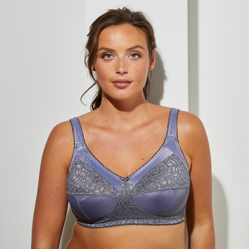 Podprsenka pre väčšie poprsie z úpletu a čipky, bez kostíc antracitová 62465596