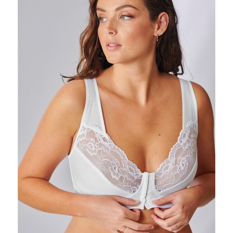 Zmenšujúca čipková podprsenka so zapínaním vpredu, bez kostíc biela 64848996