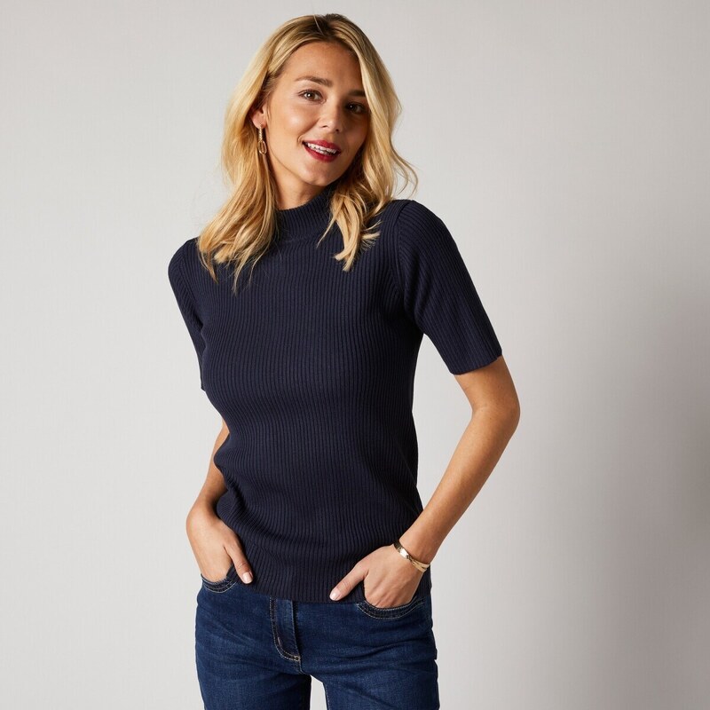 Vrúbkovaný pulóver s krátkymi rukávmi a stojačikom námornícka modrá 48076627