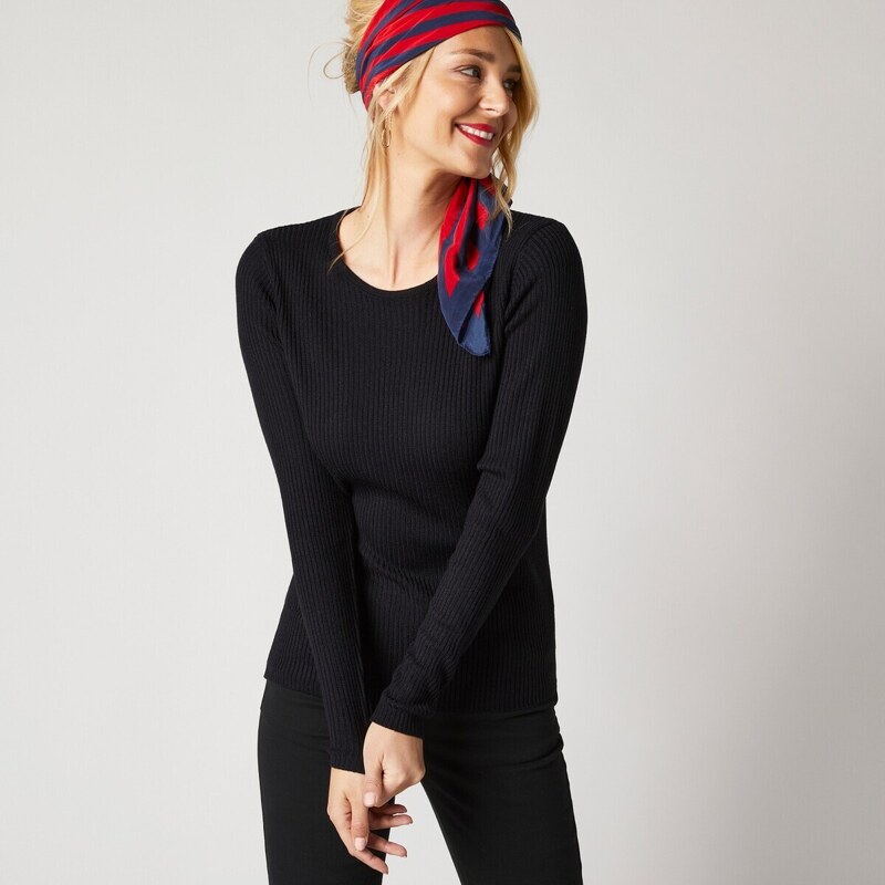 Vrúbkovaný pulóver s okrúhlym výstrihom čierna 040 Blancheporte 48077118