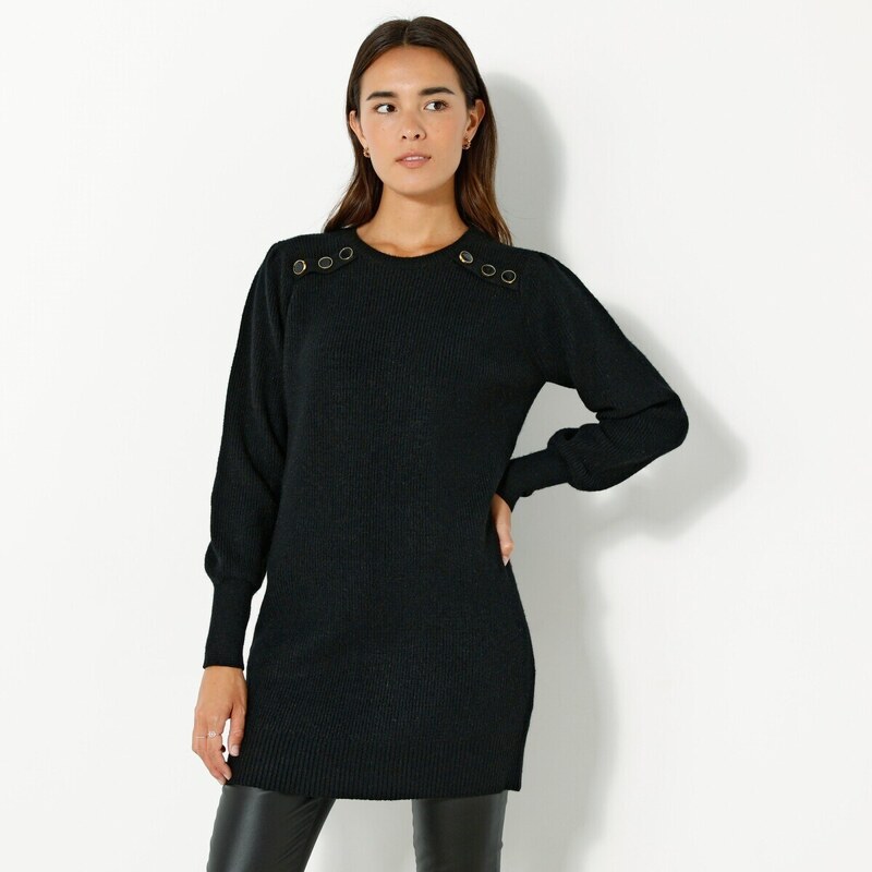 Jednofarebný tunikový pulóver s ozdobnými gombíkmi čierna 044 48077161