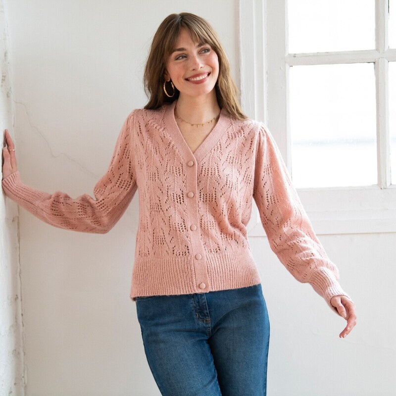 Ažúrový sveter mohérový na dotyk ružová pudrová 048 Blancheporte 48077275