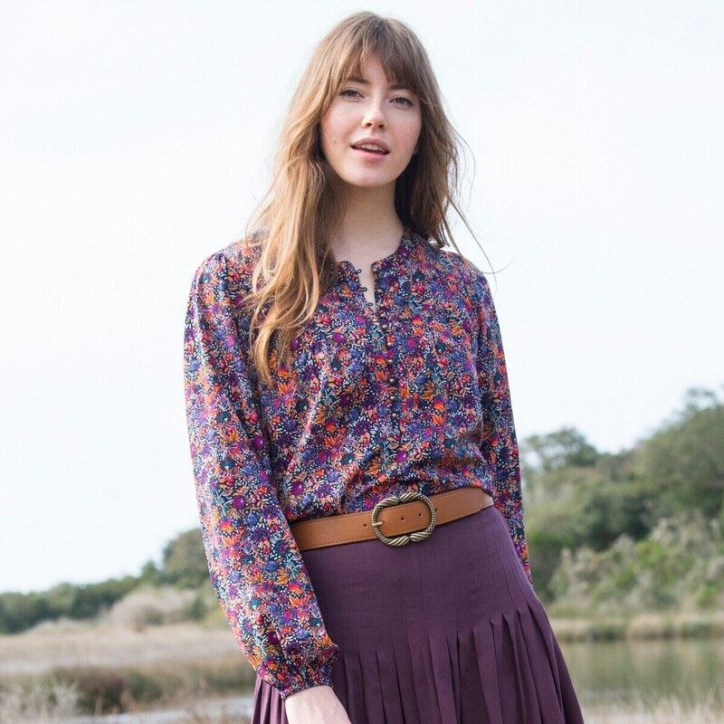 Blúzka s potlačou listov vo folkovom štýle nám.modrá/oranžová 050 48077639