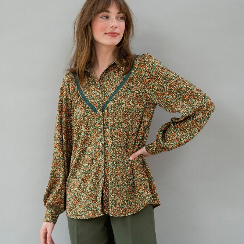 Košeľová blúzka s macramé a potlačou kvetín khaki/oranžová 040 48077675