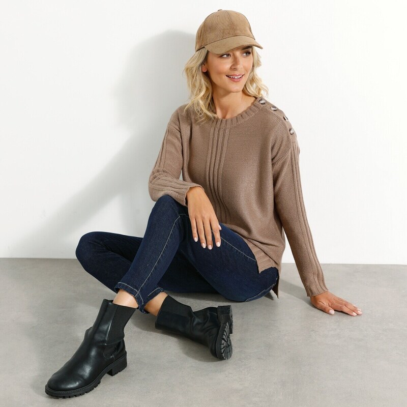 Pulóver so zapínaním na pleci, z úpletu s plastickým vzorom hnedosivá 48077811