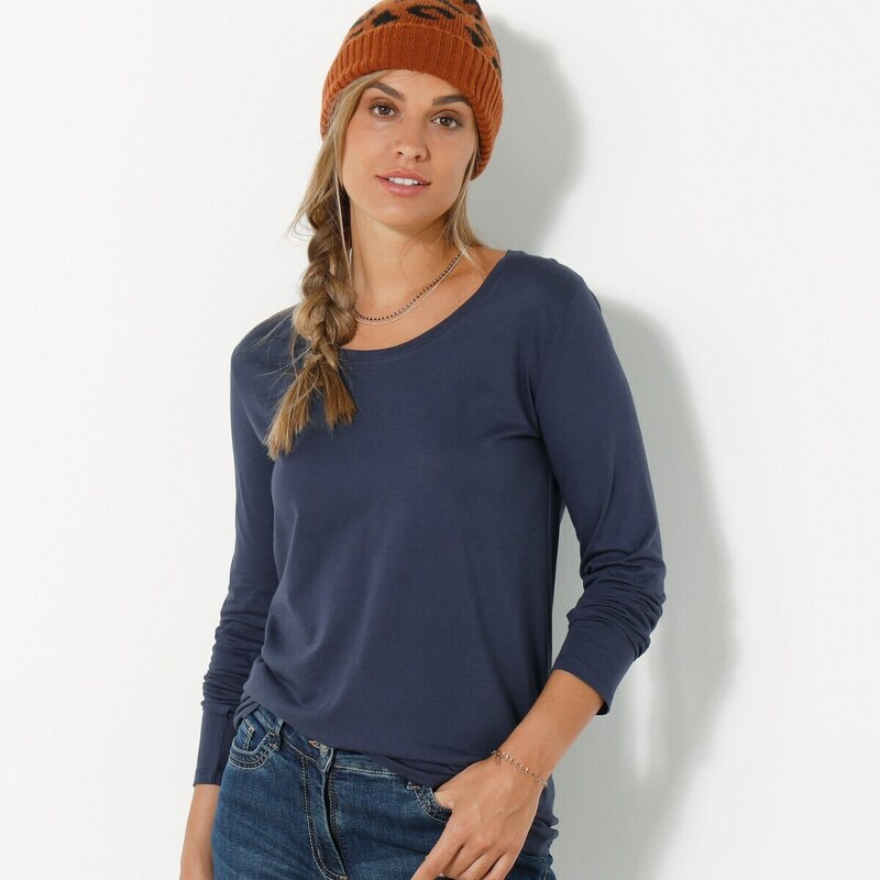 Jednofarebné tričko s okrúhlym výstrihom a dlhými rukávmi nám. modrá 48077825