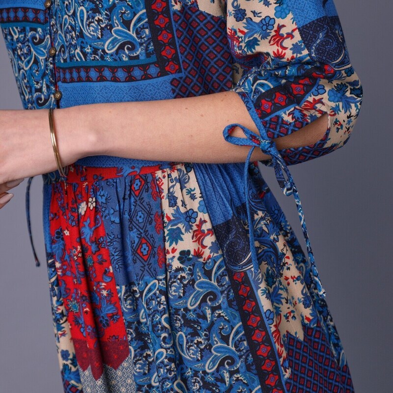Blancheporte Dlhé šaty v patchwork dizajne modrá/červená 046