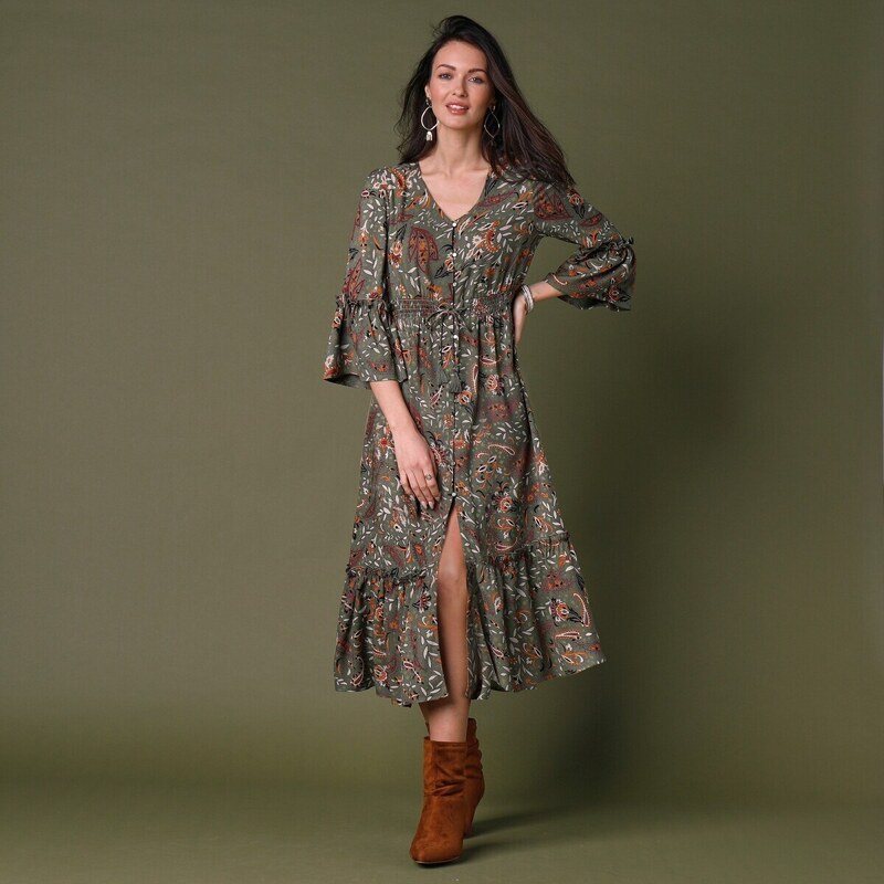 Dlhé šaty s potlačou, gombíkmi a 3/4 pagodovými rukávmi khaki 050 48077847