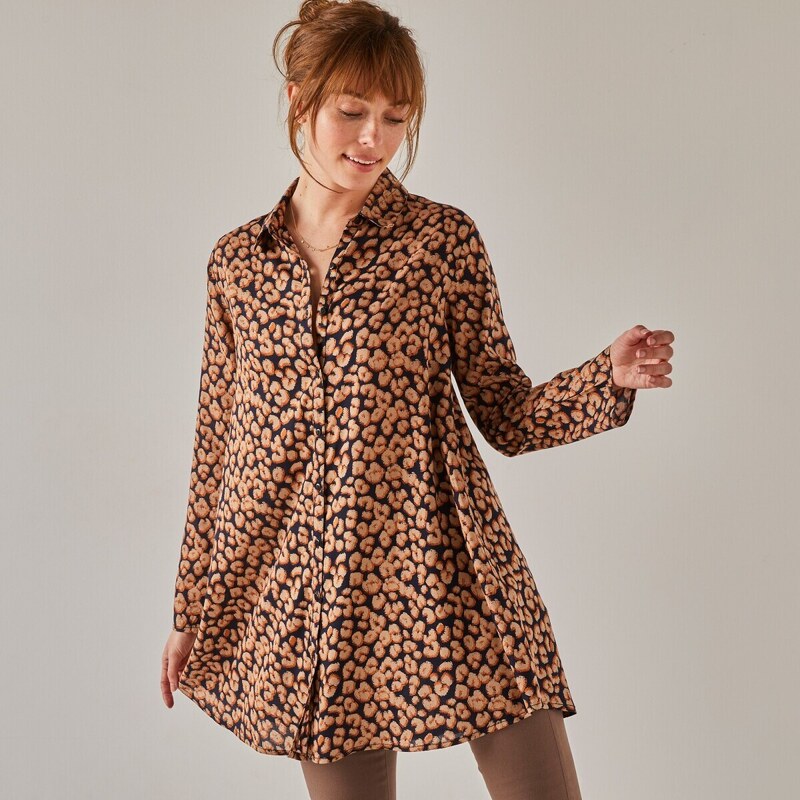 Rozšírená tunika s potlačou zvieracej srsti čierna/hnedosivá 038 48077855