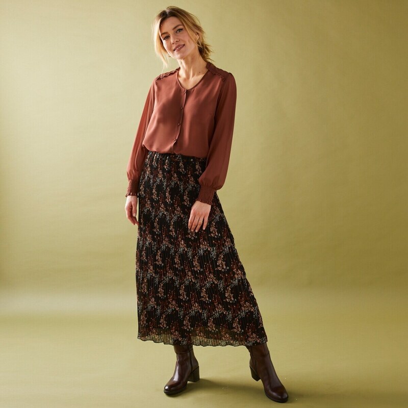 Jednofarebná blúzka z recyklovaného polyesteru karamelová 044 48077890