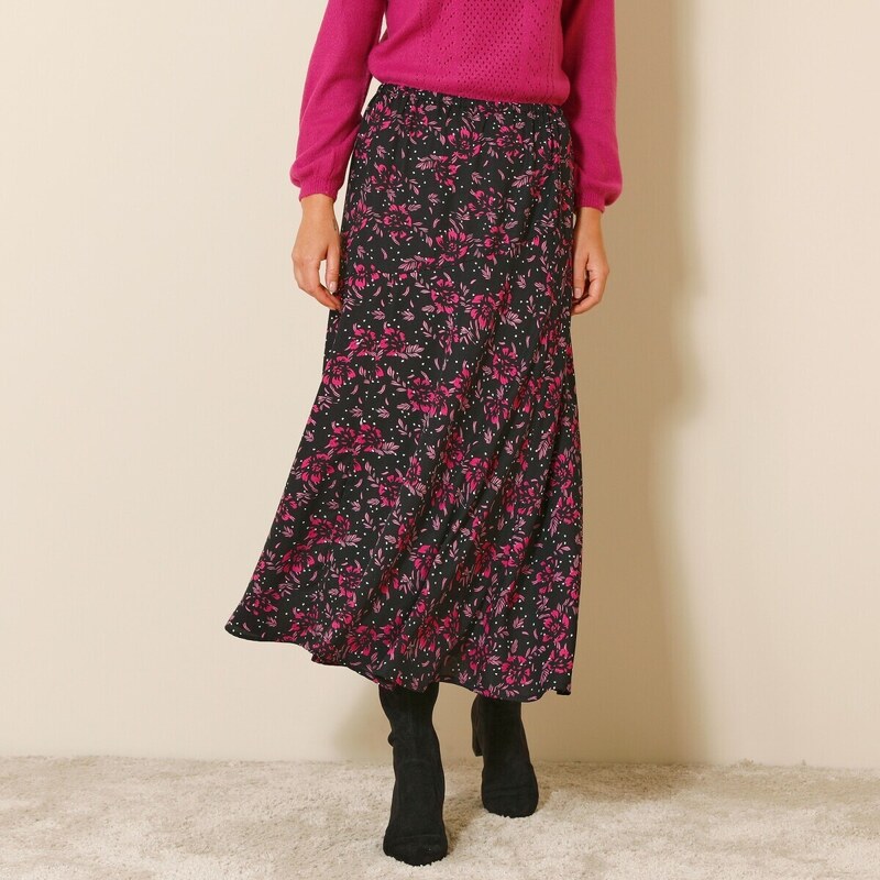 Blancheporte Krepová dlhá sukňa s potlačou čierna/purpurová 052
