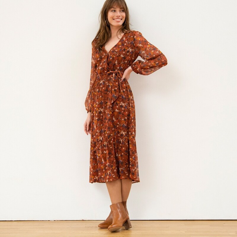 Dlhé šaty s prekrížením a potlačou karamelová/modrá 050 Blancheporte 48078112