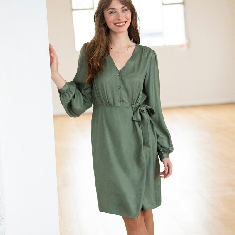 Šaty s nariasením a dlhými rukávmi khaki 052 Blancheporte 48078127