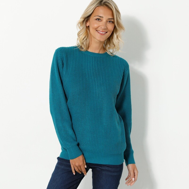 Pulóver s okrúhlym výstrihom a hladkým vzorom petrolejová 040 48078258