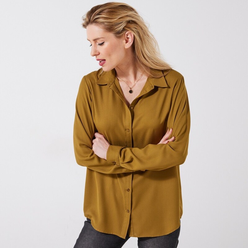 Jednofarebná košeľová blúzka na gombíky olivová 036 Blancheporte 48078312