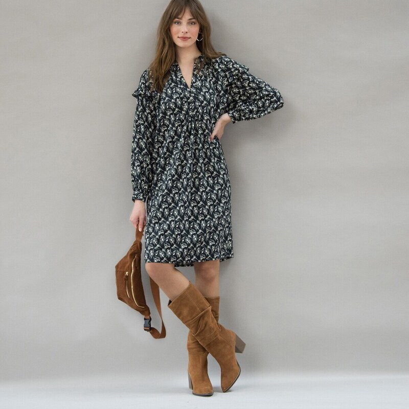 Rovné volánové šaty z recyklovaného polyesteru čierna/béžová 042 48078352