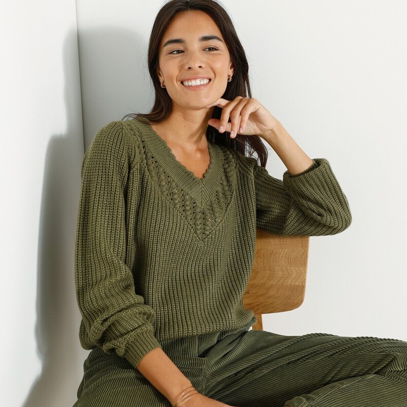 Pulóver s ažúrovým vzorom khaki 036 Blancheporte 48078370