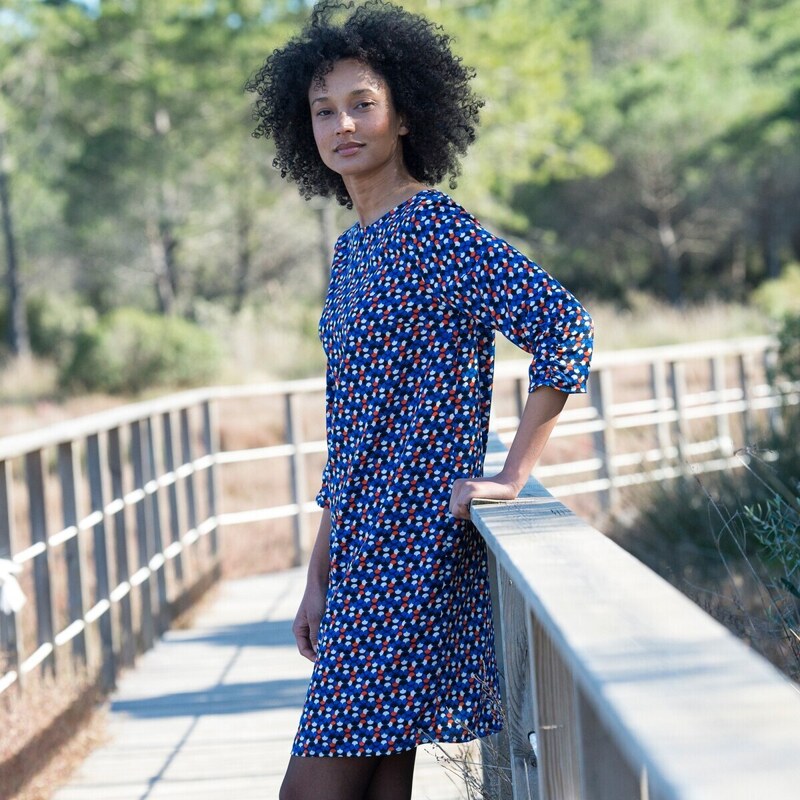 Rovné šaty s grafickým vzorom a 3/4 rukávmi tmavomodrá/čierna 036 48078369