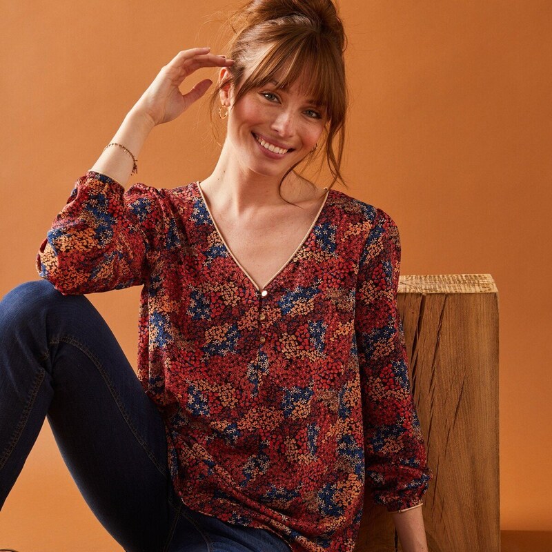 Blúzka s potlačou kvetín papriková/modrá 044 Blancheporte 48078390