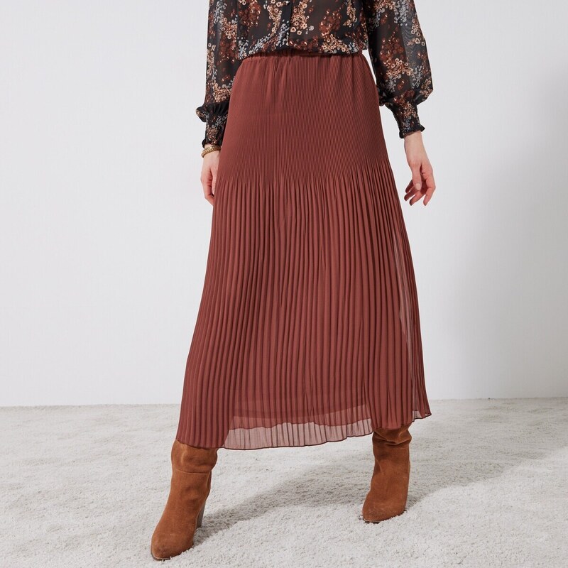 Blancheporte Voálová plisovaná sukňa z recyklovaného polyesteru, pre nižšiu postavu karamelová 050