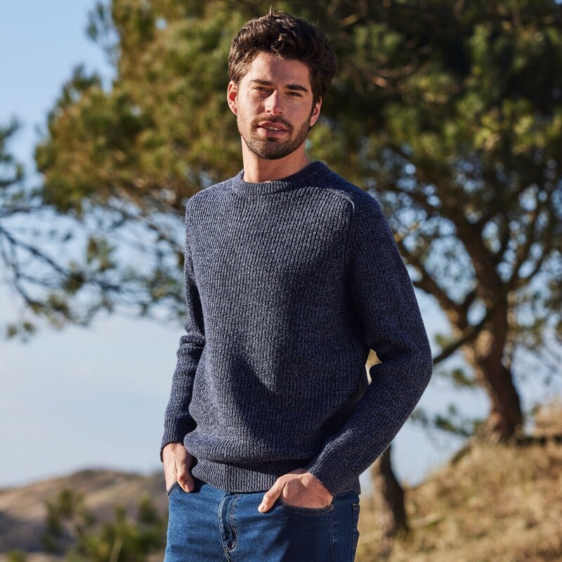 Pulóver s okrúhlym výstrihom, hladký úplet s 30 % podielom vlny modrý 48078520