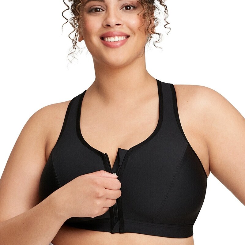 Športová spevňovacia podprsenka so zapínaním vpredu, bez kostíc čierna 49355920