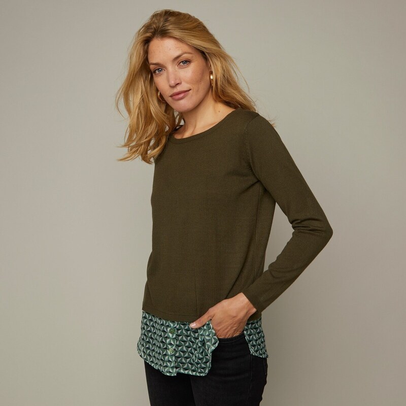 Pulóver s efektom 2 v 1, grafický dizajn khaki 036 Blancheporte 48078572