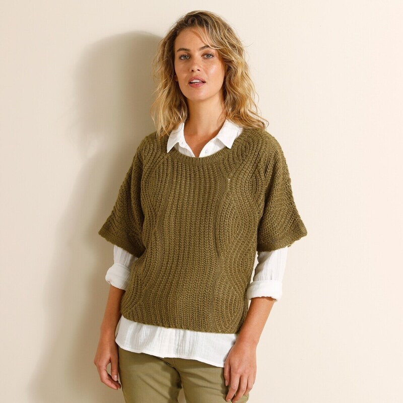 Pončo pulóver s rukávmi po lakte olivová 044 Blancheporte 48078702