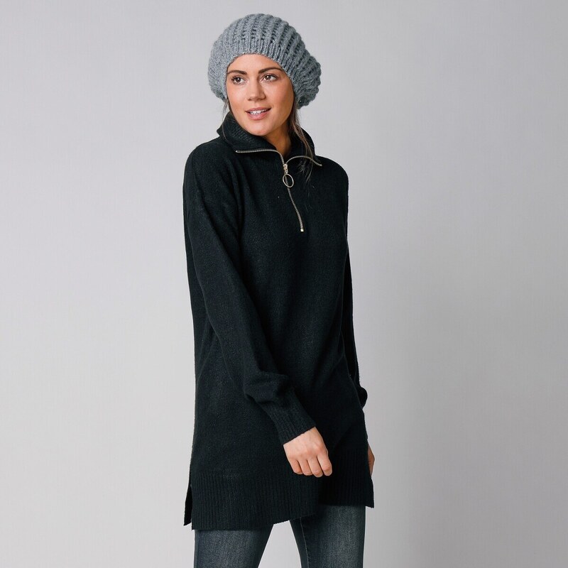 Dlhý pulóver so stojačikom na zips čierna 036 Blancheporte 48078888