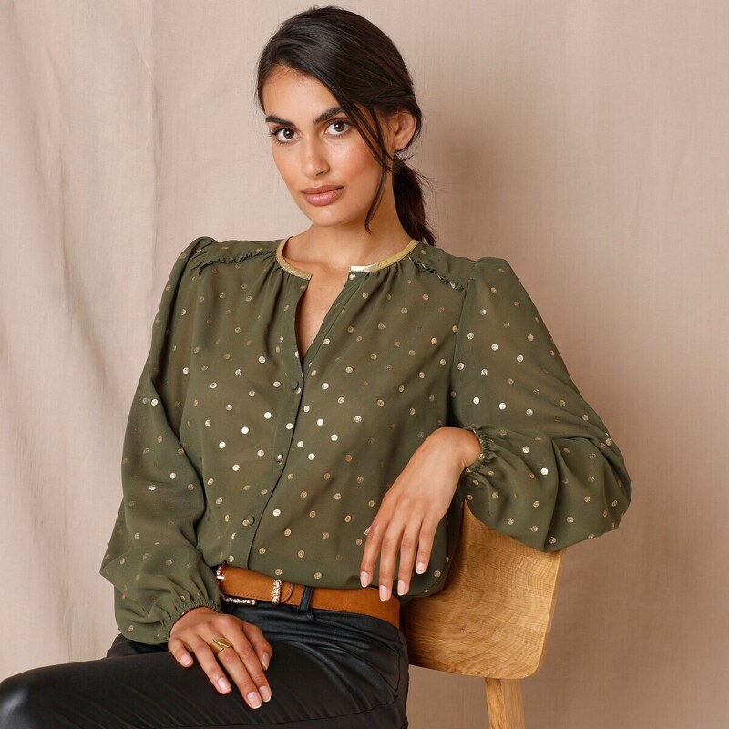 Voálová blúzka so zlatistou potlačou bodiek bronzová 048 Blancheporte 48079276