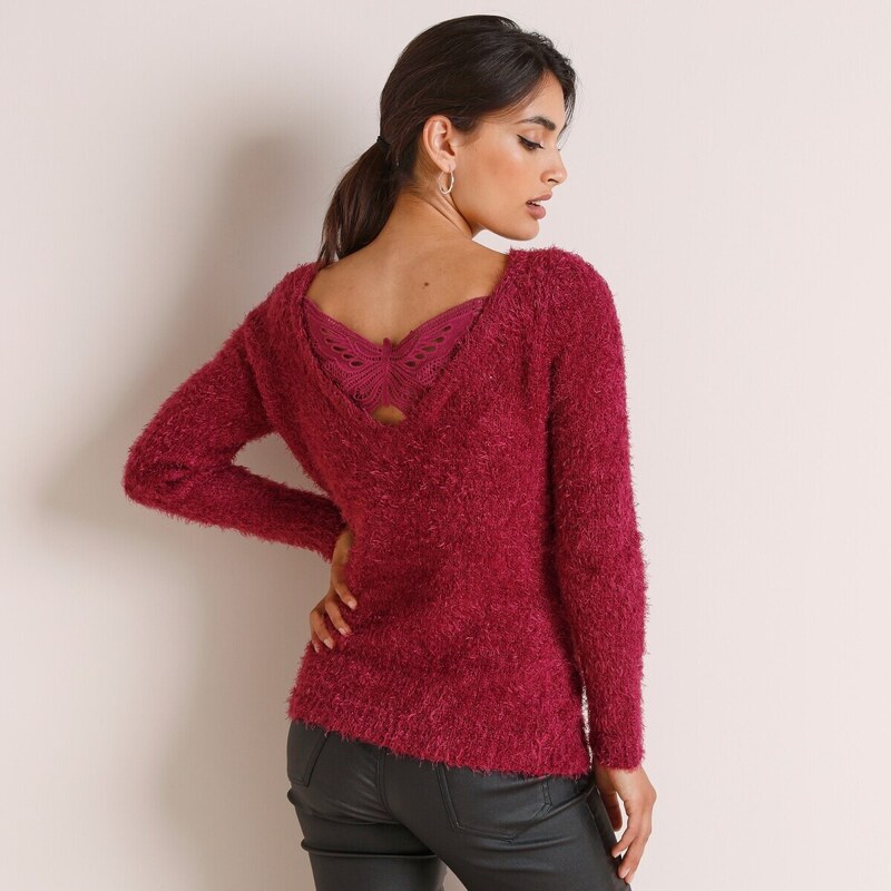 Pulóver z jemného úpletu s výšivkou v tvare motýľa na chrbte purpurová 48079319