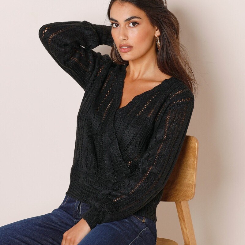 Ažúrový pulóver so zavinovacím efektom čierna 048 Blancheporte 48079327