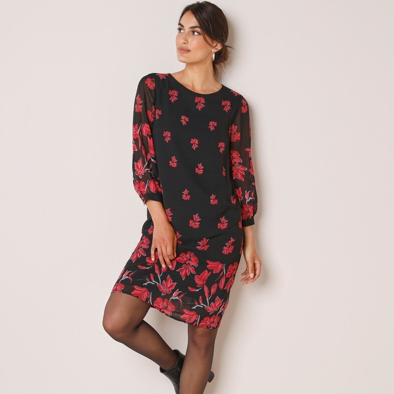Šaty s 3/4 rukávmi a potlačou čierna/červená 038 Blancheporte 48079331