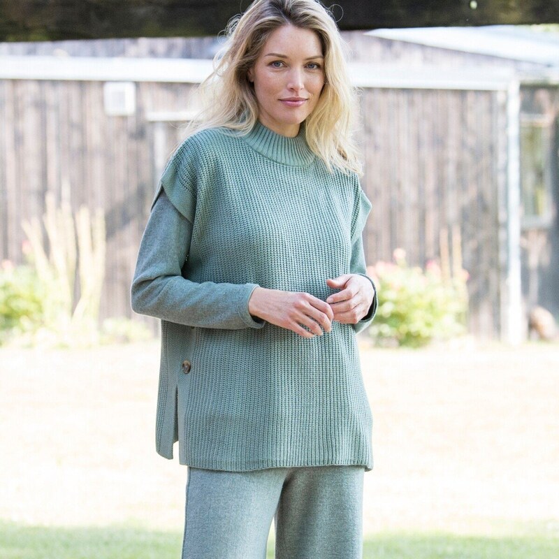 Pulóvrová vesta z hladkého úpletu so stojačikom svetlá khaki 044 48079335