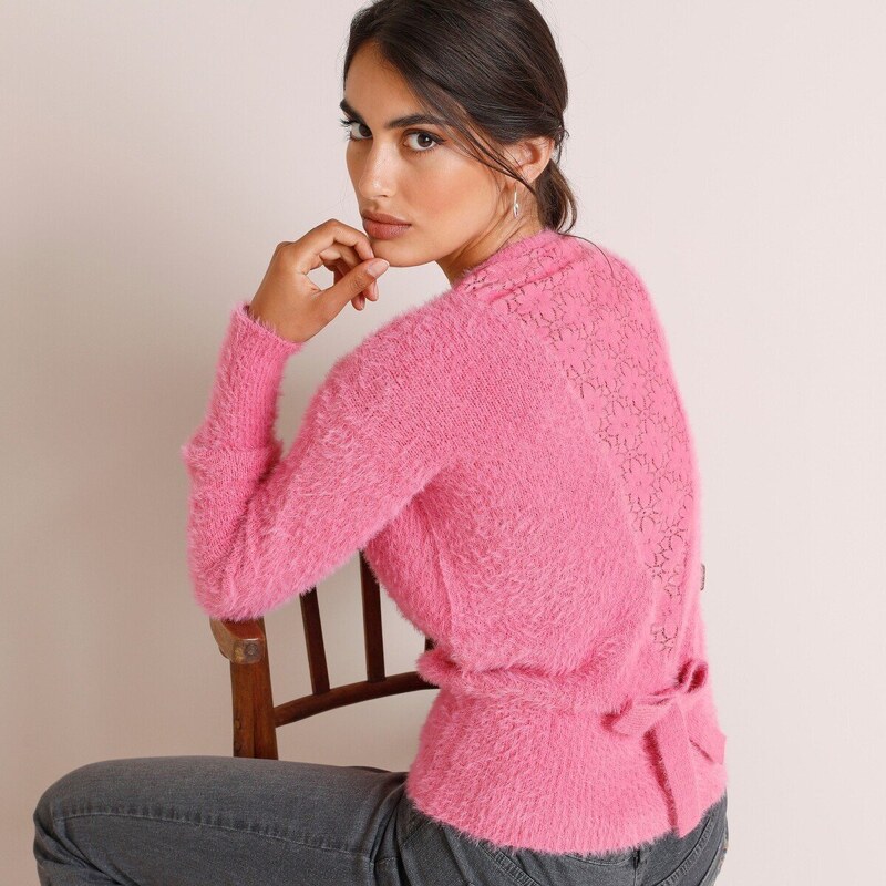 Pulóver z úpletu s predĺženým vláknom a čipkou na chrbte ružová 048 48079333