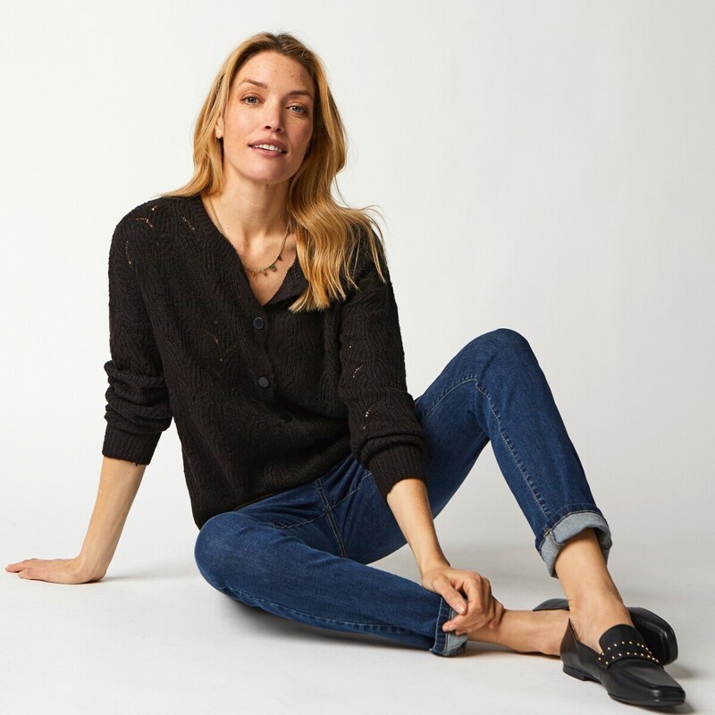 Ažúrový sveter na gombíky s okrúhlym výstrihom čierna 048 Blancheporte 48079383