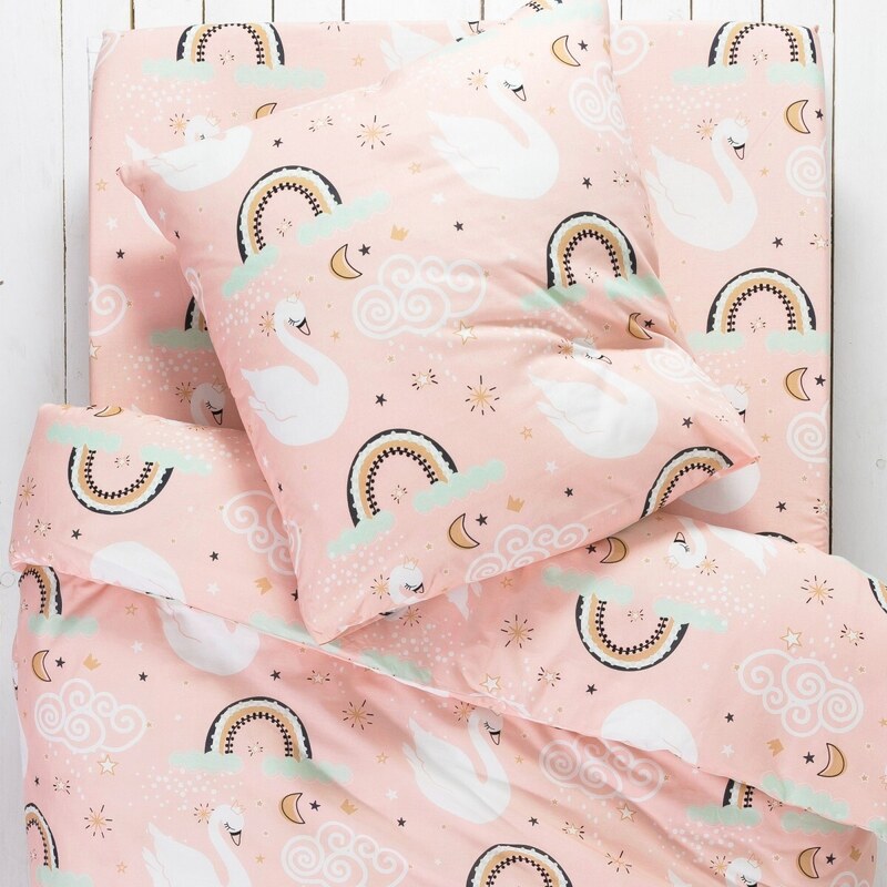 Blancheporte Detská posteľná bielizeň Labute s potlačou, pre 1 osobu, bavlna ružová 103