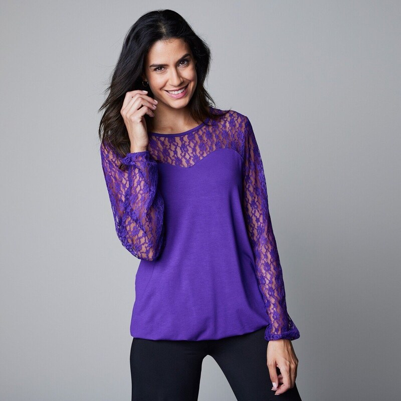 Tričko s vloženou čipkou, dlhé rukávy fialová 044 Blancheporte 48090549