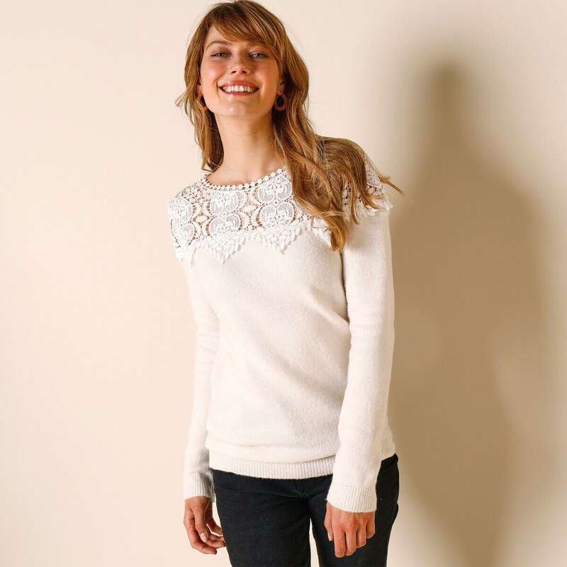 Pulóver s macramé slonová kosť 048 Blancheporte 48098210