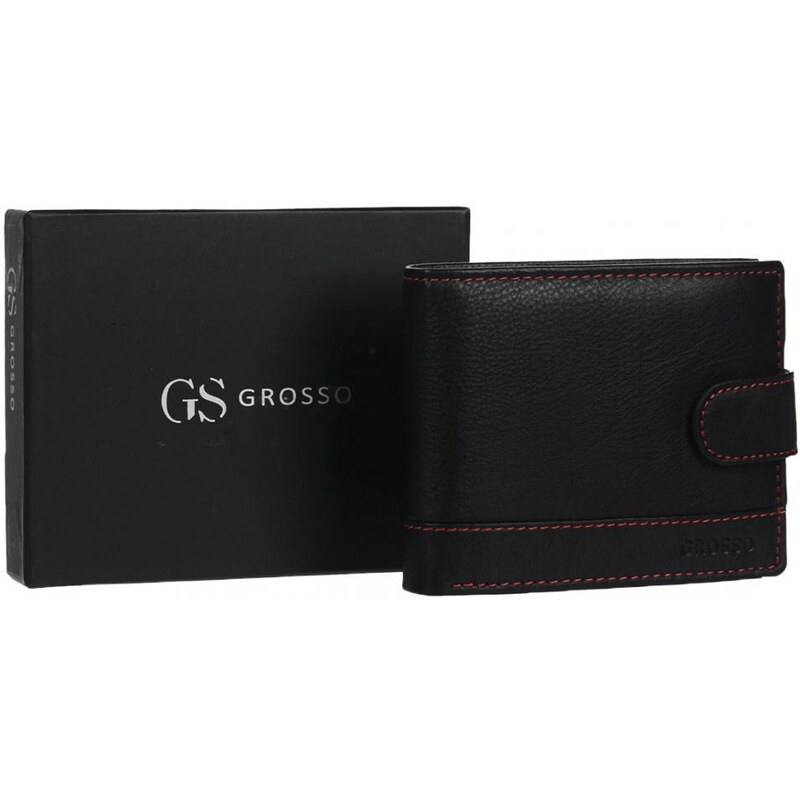 Kožená čierna pánska peňaženka so zápinkou a červenou niťou v krabičke 48103554