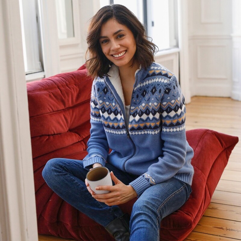 Sveter na zips so žakárovým vzorom a hebkou podšívkou modrosivá 054 48114948