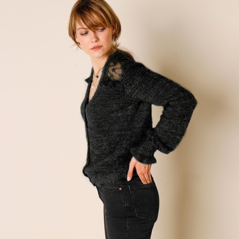 Sveter z džerseja a vyšívaného tylu čierna 052 Blancheporte 48114977