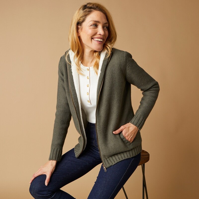 Sveter s hebkou podšívkou, na zips khaki 044 Blancheporte 48114998