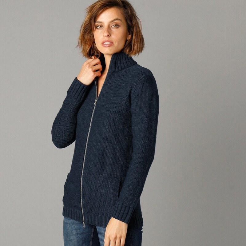 Sveter na zips s podielom 30 % vlny nám.modrá 036 Blancheporte 65146758