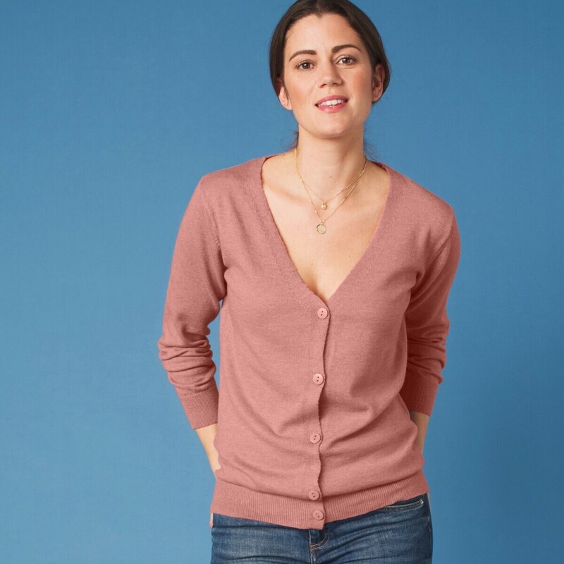 Sveter s výstrihom do „V“ z jahňacej vlny ružový melír 036 48115043