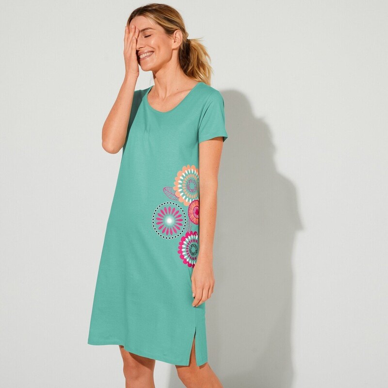 Krátka nočná košeľa s krátkymi rukávmi a potlačou roziet blankytná 48125359